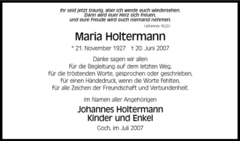 Traueranzeige von Maria Holtermann von Tageszeitung