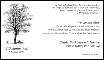 Traueranzeige von Wilhelmine Bell von Tageszeitung