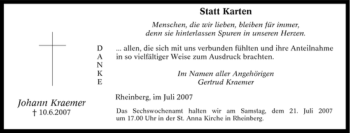 Traueranzeige von Johann Kraemer von Tageszeitung