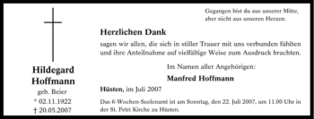 Traueranzeige von Hildegard Hoffmann von Tageszeitung
