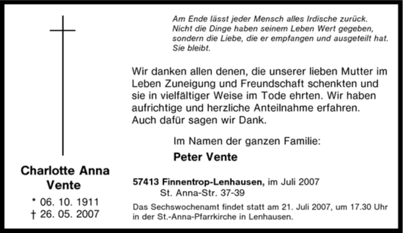  Traueranzeige für Charlotte Anna Vente vom 17.07.2007 aus Tageszeitung