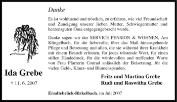 Traueranzeige von Ida Grebe von Tageszeitung