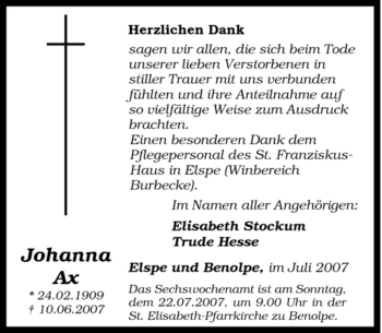 Traueranzeige von Johanna Ax von Tageszeitung