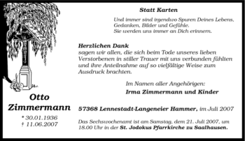 Traueranzeige von Otto Zimmermann von Tageszeitung
