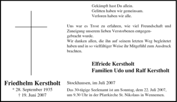 Traueranzeige von Friedhelm Kerstholt von Tageszeitung