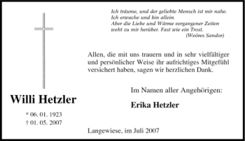 Traueranzeige von Willi Hetzler von Tageszeitung
