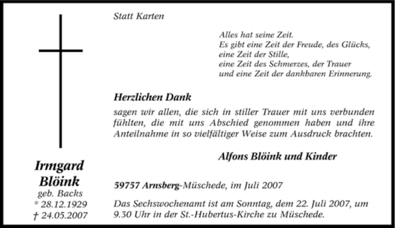  Traueranzeige für Irmgard Blöink vom 18.07.2007 aus Tageszeitung