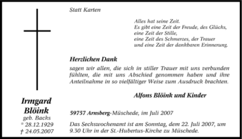 Traueranzeige von Irmgard Blöink von Tageszeitung
