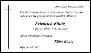 Traueranzeige von Friedrich König von Tageszeitung