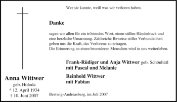 Traueranzeige von Anna Wittwer von Tageszeitung