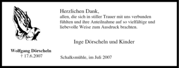 Traueranzeige von Wolfgang Dörscheln von Tageszeitung