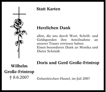 Traueranzeige von Wilhelm Große-Frintrop von Tageszeitung