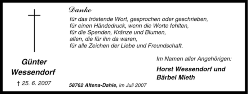  Traueranzeige für Günter Wessendorf vom 19.07.2007 aus Tageszeitung
