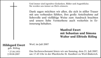 Traueranzeige von Hildegard Ewert von Tageszeitung