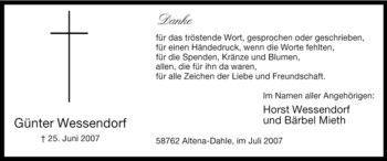 Traueranzeige von Günter Wessendorf von Tageszeitung