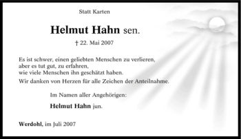 Traueranzeige von Helmut Hahn von Tageszeitung