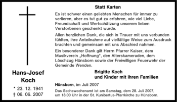 Traueranzeige von Hans-Josef Koch von Tageszeitung