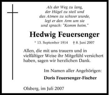 Traueranzeige von Hedwig Feuersenger von Tageszeitung