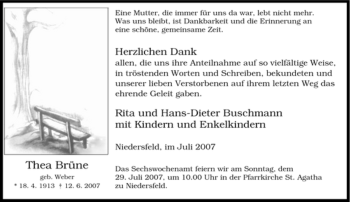 Traueranzeige von Thea Brüne von Tageszeitung