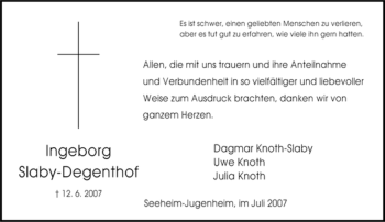 Traueranzeige von Ingeborg Slaby-Degenthof von Tageszeitung