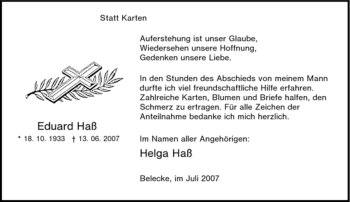 Traueranzeige von Eduard Haß von Tageszeitung