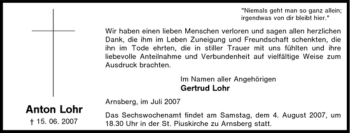 Traueranzeige von Anton Lohr von Tageszeitung