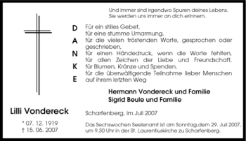 Traueranzeige von Lilli Vondereck von Tageszeitung