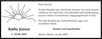 Traueranzeige von Käthe Jensen von Tageszeitung