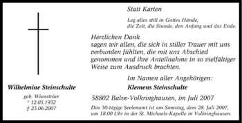 Traueranzeige von Wilhelmine Steinschulte von Tageszeitung
