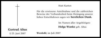 Traueranzeige von Gertrud Altus von Tageszeitung
