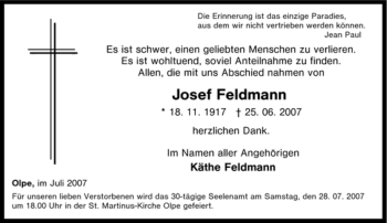 Traueranzeige von Josef Feldmann von Tageszeitung