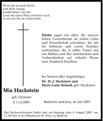 Traueranzeige von Mia Hackstein von Tageszeitung