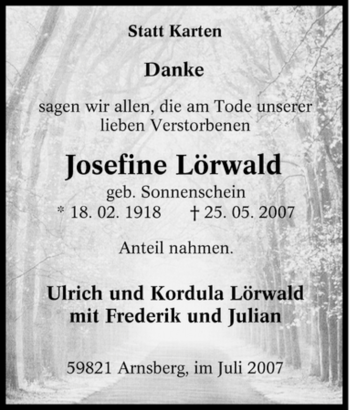 Traueranzeige von Josefine Lörwald von Tageszeitung