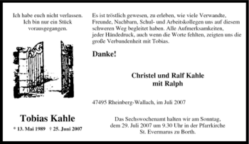 Traueranzeige von Tobias Kahle von Tageszeitung