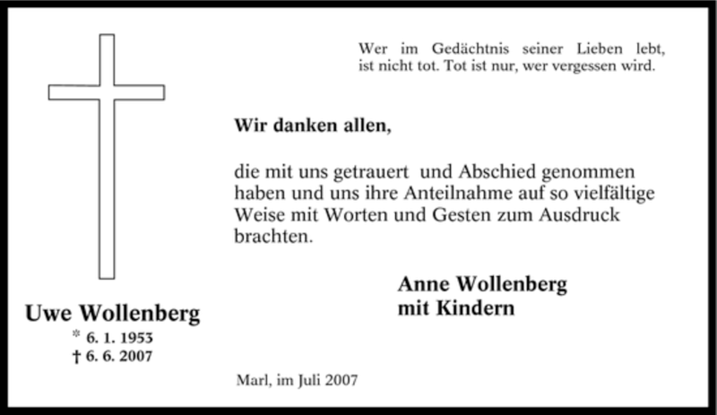  Traueranzeige für Uwe Wollenberg vom 21.07.2007 aus Tageszeitung