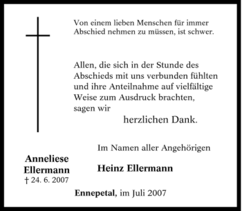 Traueranzeige von Anneliese Ellermann von Tageszeitung