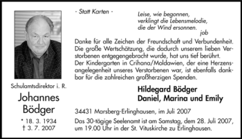 Traueranzeige von Johannes Bödger von Tageszeitung