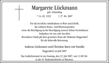 Traueranzeige von Margarete Lückmann von Tageszeitung