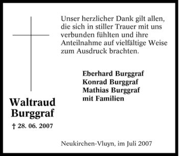 Traueranzeige von Waltraud Burggraf von Tageszeitung