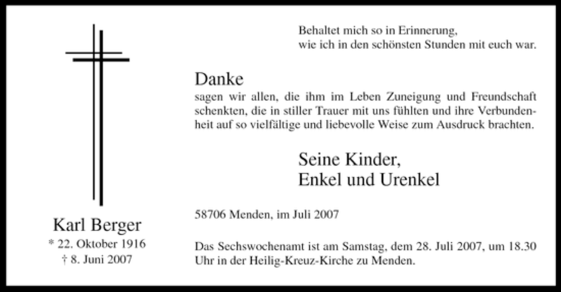  Traueranzeige für Karl Berger vom 21.07.2007 aus Tageszeitung