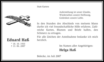 Traueranzeige von Eduard Haß von Tageszeitung
