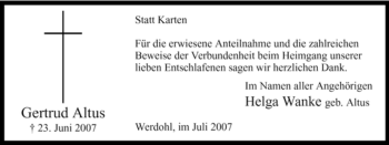 Traueranzeige von Gertrud Altus von Tageszeitung