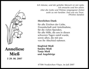 Traueranzeige von Anneliese Miess von Tageszeitung