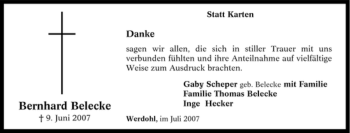 Traueranzeige von Bernhard Belecke von Tageszeitung