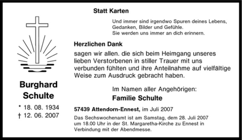  Traueranzeige für Burghard Schulte vom 24.07.2007 aus Tageszeitung