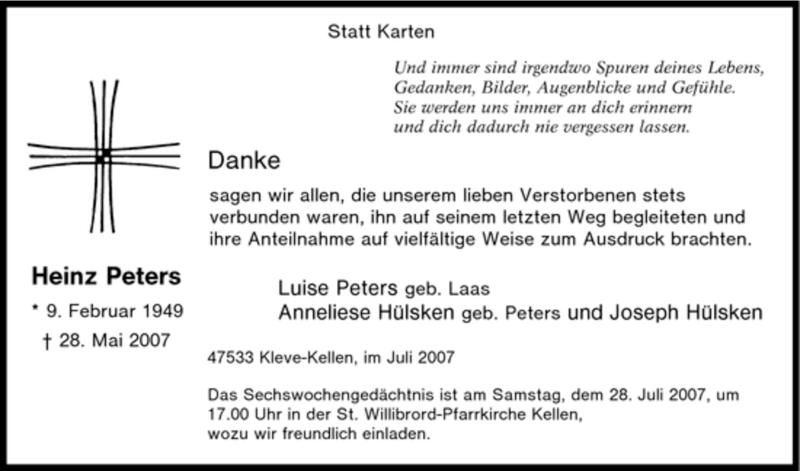  Traueranzeige für Heinz Peters vom 24.07.2007 aus Tageszeitung