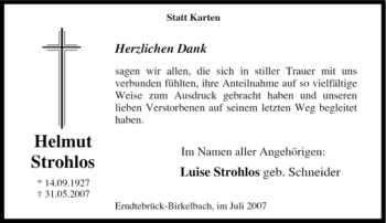 Traueranzeige von Helmut Strohlos von Tageszeitung