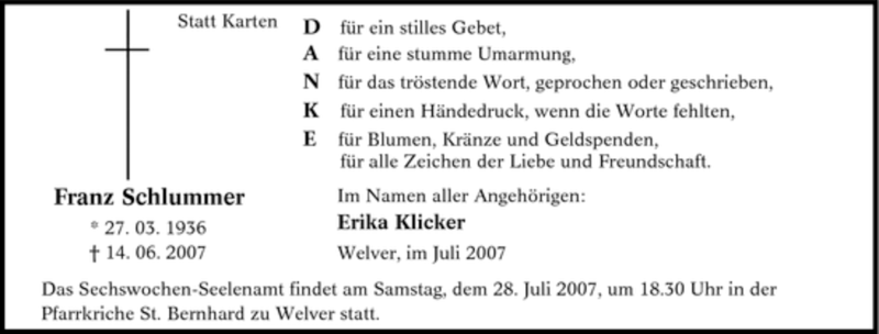  Traueranzeige für Franz Schlummer vom 25.07.2007 aus Tageszeitung