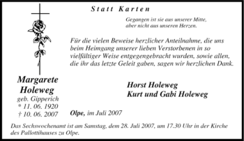 Traueranzeige von Margarete Holeweg von Tageszeitung
