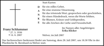 Traueranzeige von Franz Schlummer von Tageszeitung
